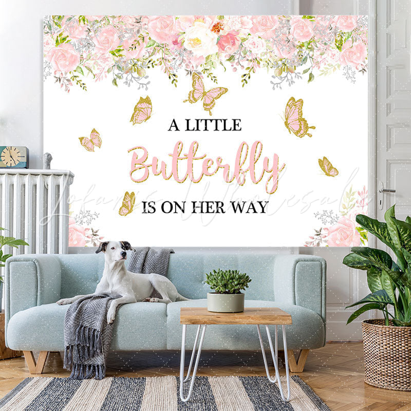 Lofaris Pink Butterfly And White Floral Baby Shower Backdrop