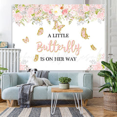 Lofaris Pink Butterfly And White Floral Baby Shower Backdrop