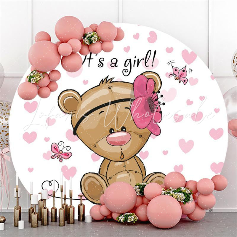 Lofaris Pink Butterfly Bear Round Its A Girl Baby Shower Backdrop