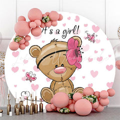 Lofaris Pink Butterfly Bear Round Its A Girl Baby Shower Backdrop