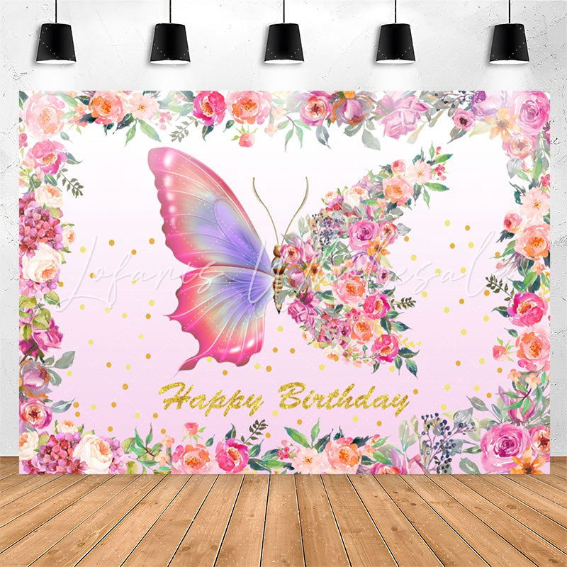 Lofaris Pink Butterfly Floral Girl Happy Birthday Backdrop