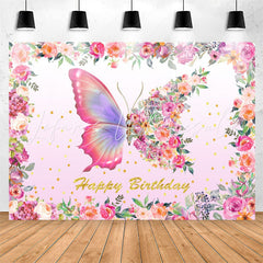 Lofaris Pink Butterfly Floral Girl Happy Birthday Backdrop