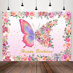 Lofaris Pink Butterfly Floral Girl Happy Birthday Backdrop