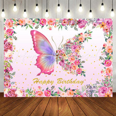 Lofaris Pink Butterfly Floral Girl Happy Birthday Backdrop