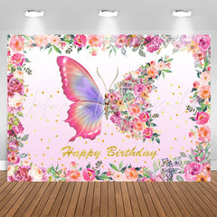 Lofaris Pink Butterfly Floral Girl Happy Birthday Backdrop
