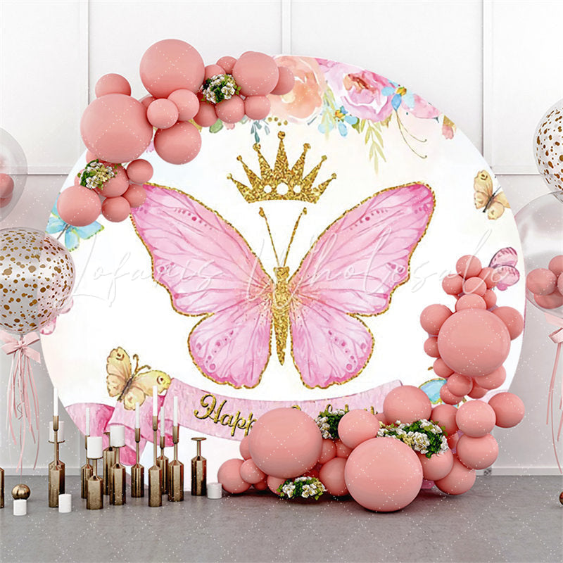 Lofaris Pink Butterfly Glitter Crown Birthday Circle Backdrop