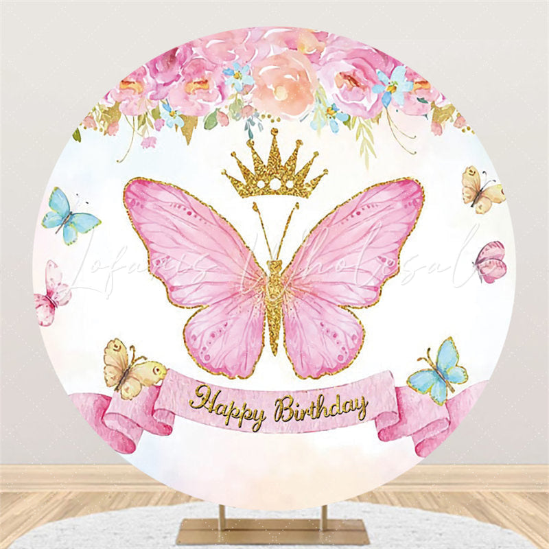 Lofaris Pink Butterfly Glitter Crown Birthday Circle Backdrop