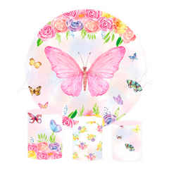 Pink Butterfly Theme Birthday Baby Shower Party Round Backdrop Cover Cylinder Pedestal Cover