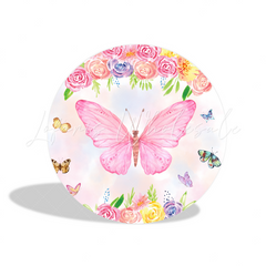 Pink Butterfly Theme Birthday Baby Shower Party Round Backdrop Cover Cylinder Pedestal Cover