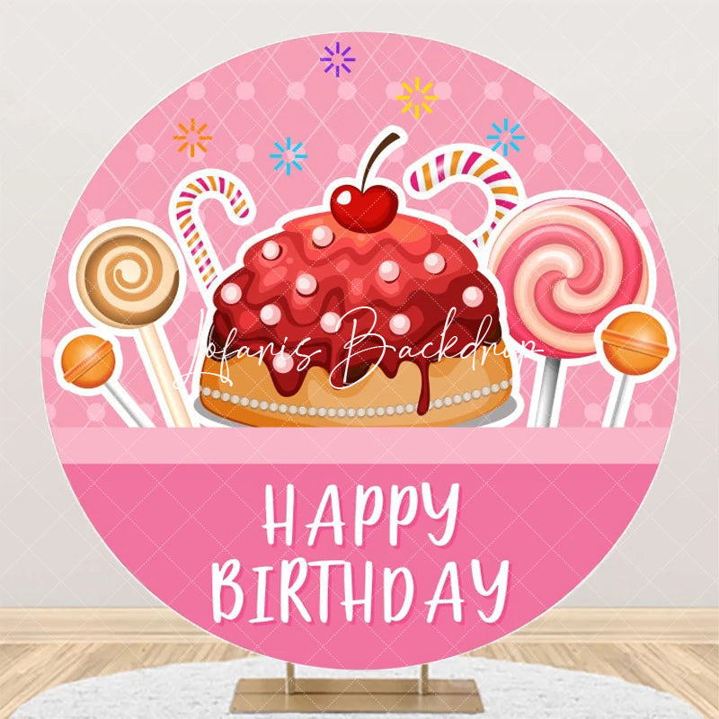 Lofaris Pink Cake Candyland Round Happy Birthday Backdrop