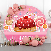 Lofaris Pink Cake Candyland Round Happy Birthday Backdrop