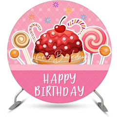 Lofaris Pink Cake Candyland Round Happy Birthday Backdrop