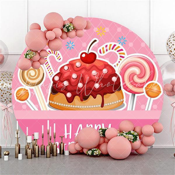 Lofaris Pink Candy And Cake Round Happy Birthday Party Backdrop