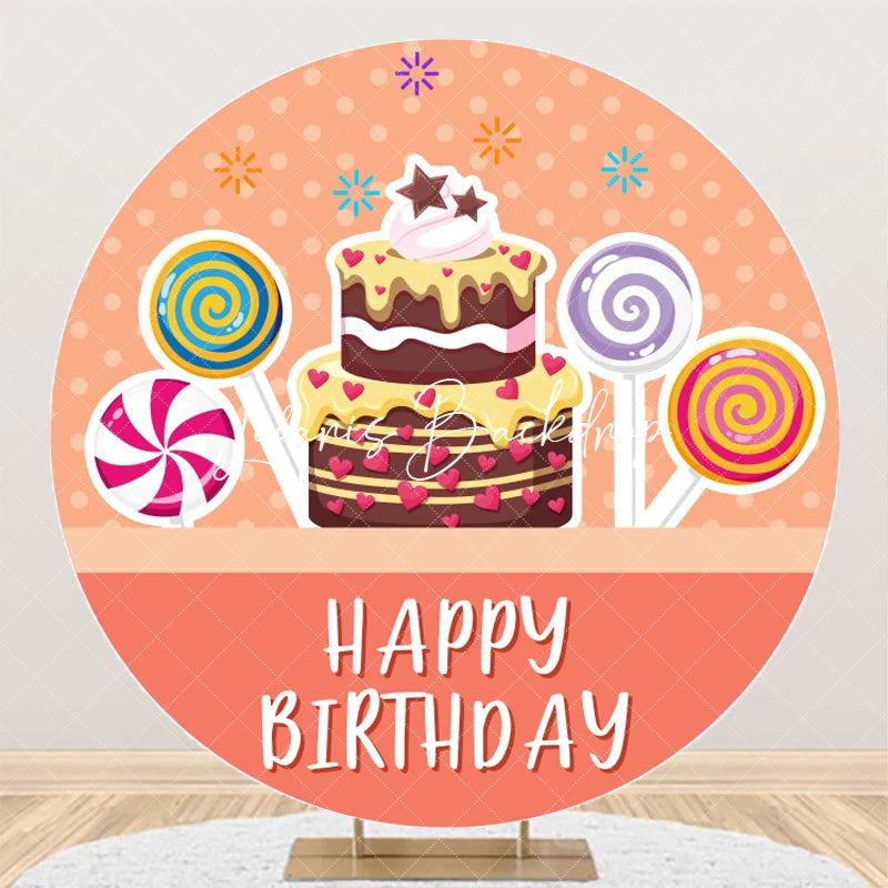 Lofaris Pink Candyland Cake Round Happy Birthday Backdrop
