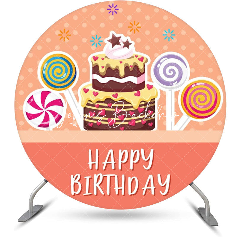 Lofaris Pink Candyland Cake Round Happy Birthday Backdrop
