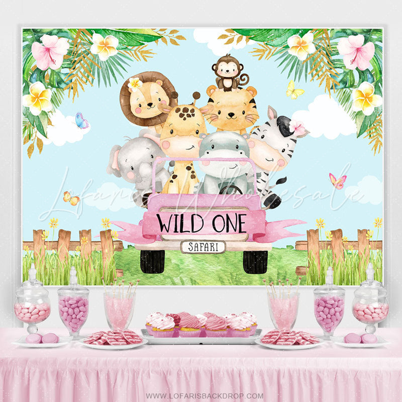 Lofaris Pink Car And Cute Little Animals 1st Birthday Backdrop