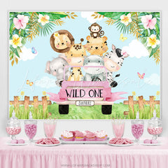 Lofaris Pink Car And Cute Little Animals 1st Birthday Backdrop