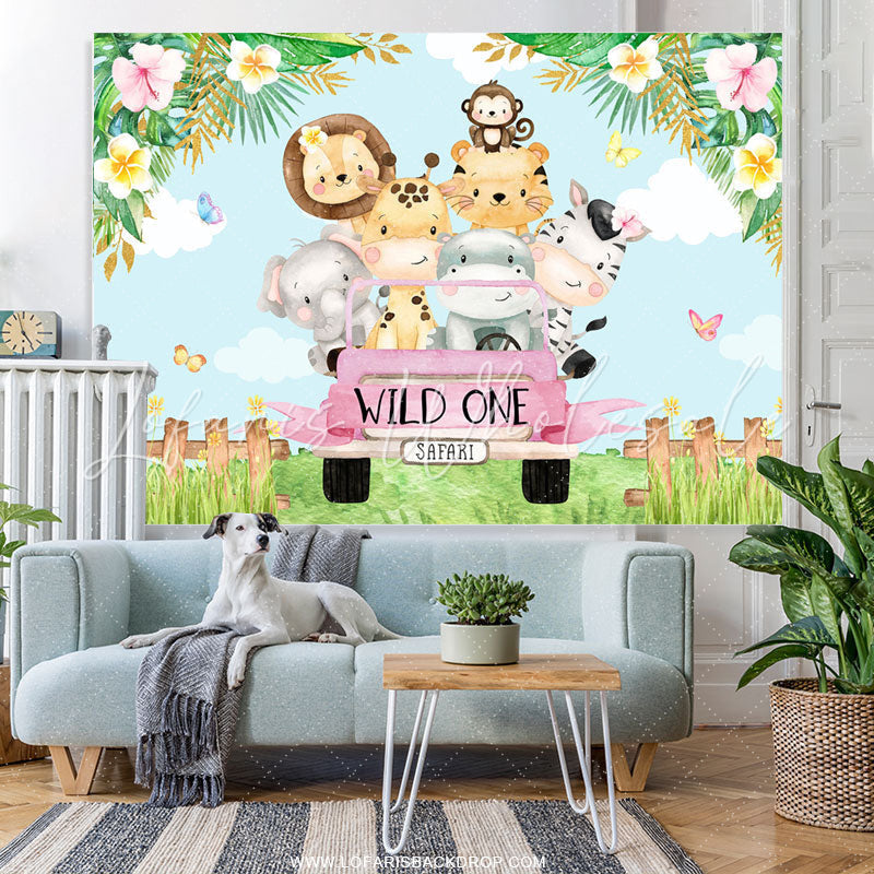 Lofaris Pink Car And Cute Little Animals 1st Birthday Backdrop