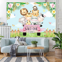 Lofaris Pink Car And Cute Little Animals 1st Birthday Backdrop