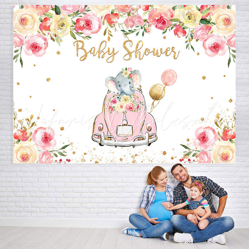 Lofaris Pink Car And Floral Elephant Baby Shower Backdrops