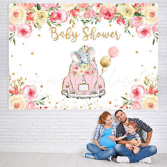 Lofaris Pink Car And Floral Elephant Baby Shower Backdrops