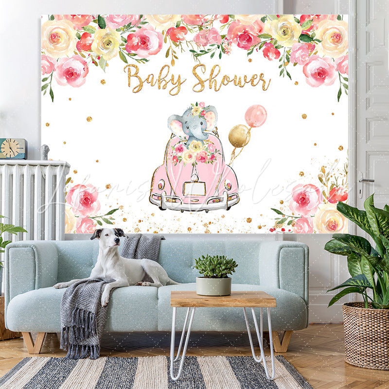 Lofaris Pink Car And Floral Elephant Baby Shower Backdrops