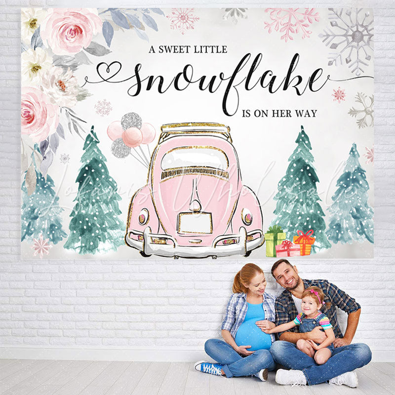 Lofaris Pink Car and Floral Winter Baby Shower Backdrop Girl