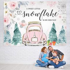 Lofaris Pink Car and Floral Winter Baby Shower Backdrop Girl