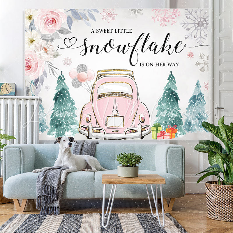 Lofaris Pink Car and Floral Winter Baby Shower Backdrop Girl