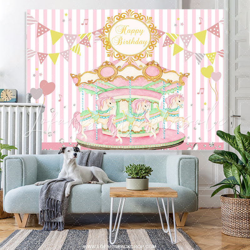 Lofaris Pink Carousel Flags Happy Birthday Backdrop For Girl