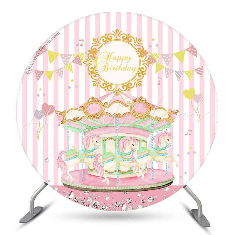 Lofaris Pink Carrousel Girls Happy Birthday Round Backdrop