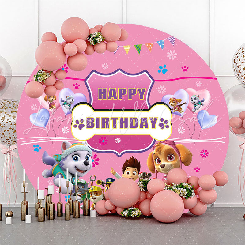 Lofaris Pink Cartoon Dogs Happy Birthday Round Backdrop