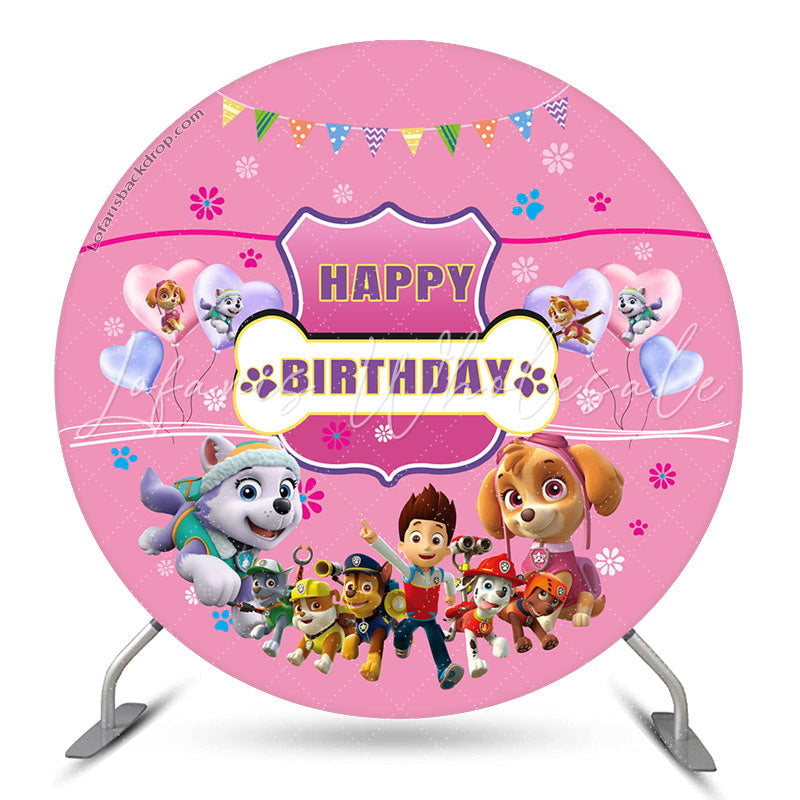 Lofaris Pink Cartoon Dogs Happy Birthday Round Backdrop