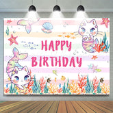 Lofaris Pink Cat Mermaid Fish Happy Birthday Party Backdrop