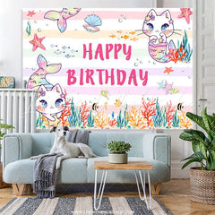 Lofaris Pink Cat Mermaid Fish Happy Birthday Party Backdrop