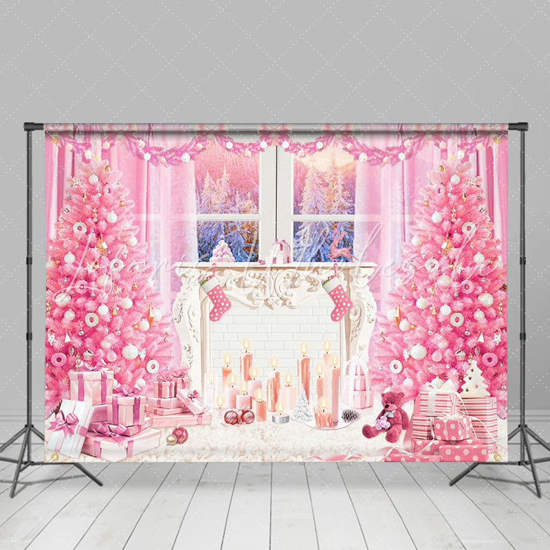 Lofaris Pink Christmas Tree Window Candle Photo Backdrop