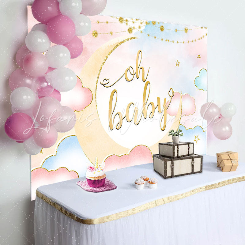 Lofaris Pink Creamy Oh Baby Clowds Moon Gender Reveal Backdrop