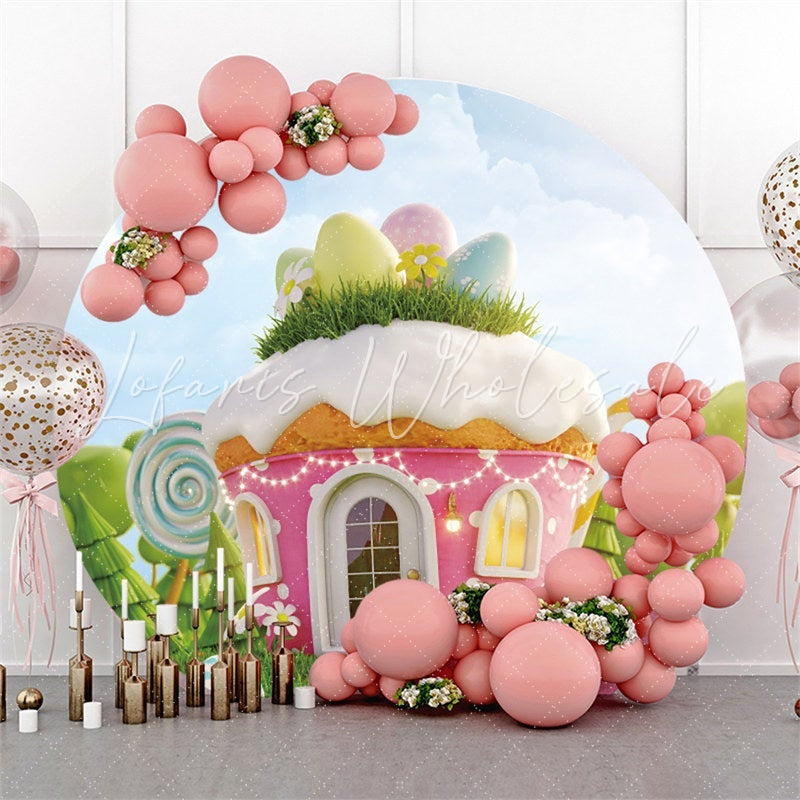 Lofaris Pink Cupcake In The Garden Round Easter Day Backdrop