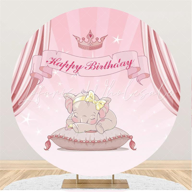 Lofaris Pink Curtain Elephant Happy Birthday Round Backdrop