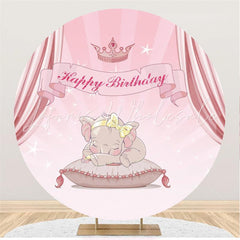 Lofaris Pink Curtain Elephant Happy Birthday Round Backdrop
