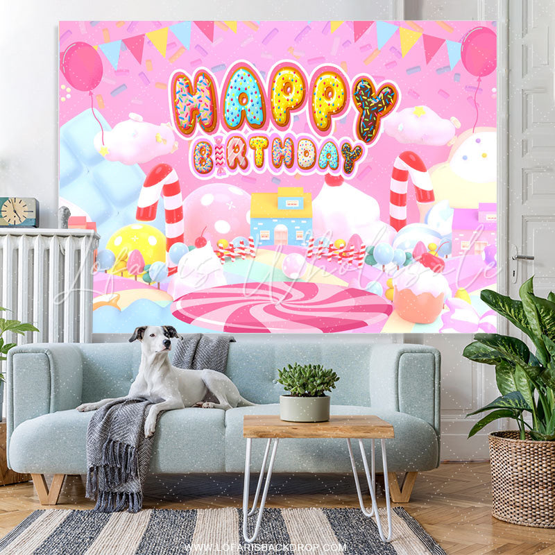 Lofaris Pink Dessert Candyland Theme Happy Birthday Backdrop