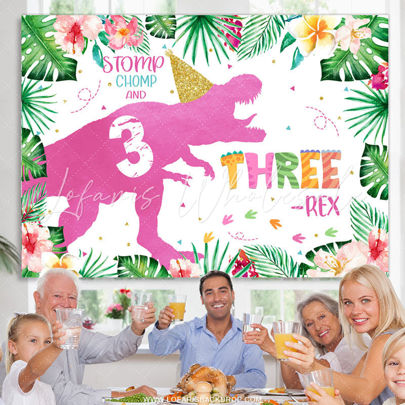 Lofaris Pink Dinosaur Rainforest Happy 3rd Birthday Backdrop