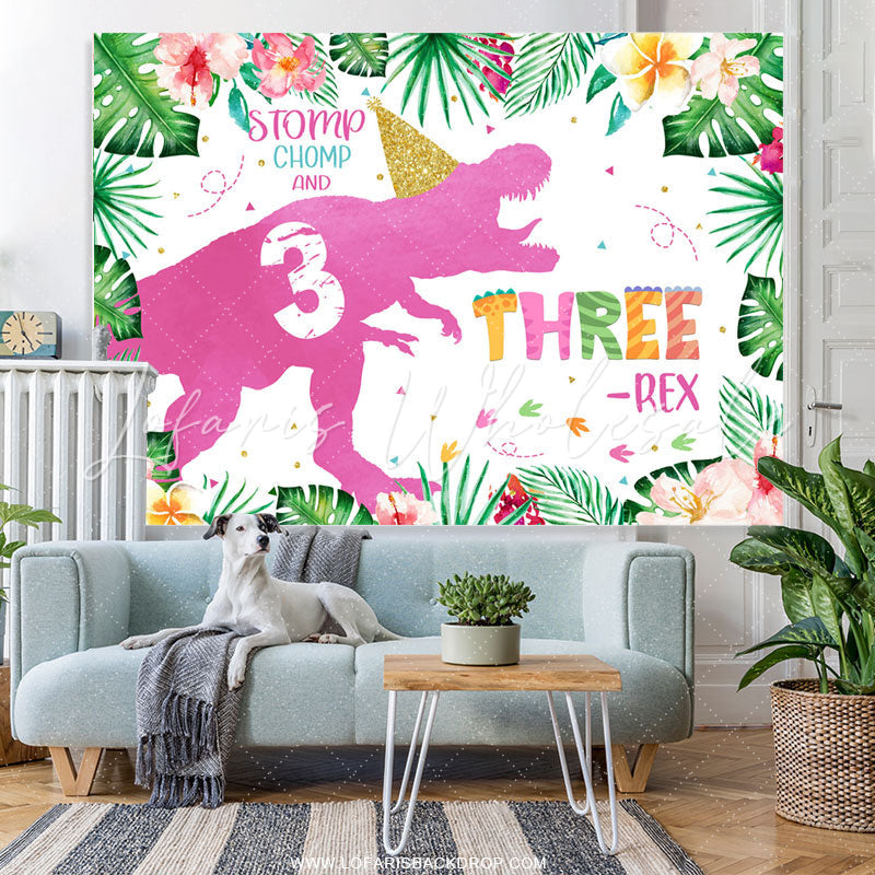 Lofaris Pink Dinosaur Rainforest Happy 3rd Birthday Backdrop