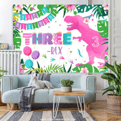 Lofaris Pink Dinosaur Three Happy Birthday Backdrop For Girl