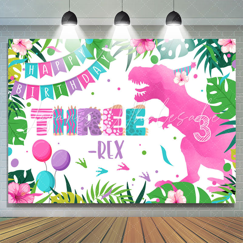 Lofaris Pink Dinosaur Three Happy Birthday Backdrop For Girl