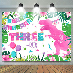 Lofaris Pink Dinosaur Three Happy Birthday Backdrop For Girl