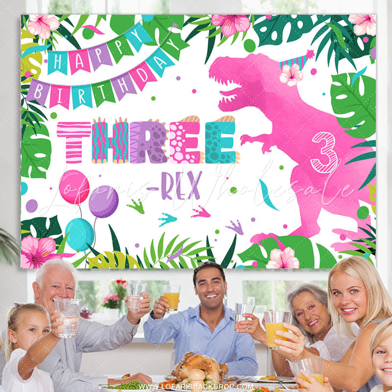 Lofaris Pink Dinosaur Three Happy Birthday Backdrop For Girl