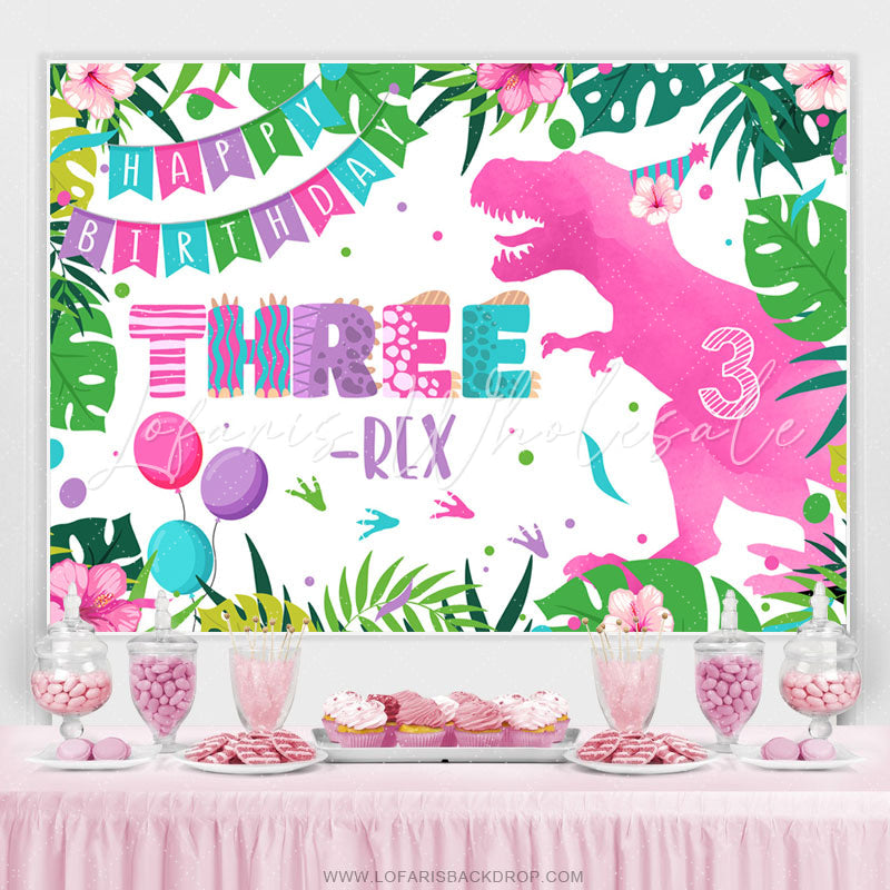 Lofaris Pink Dinosaur Three Happy Birthday Backdrop For Girl
