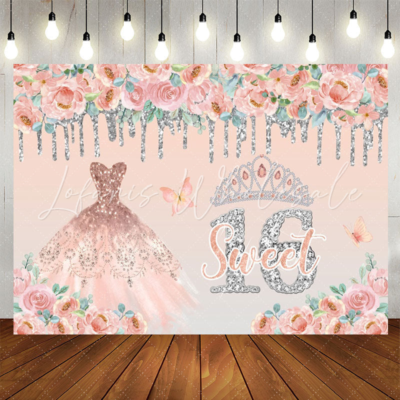 Lofaris Pink Dress Glitter 16th Sweet Birthday Backdrop
