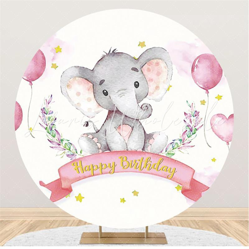 Lofaris Pink Elephant And Ballon Round Girls Birthday Backdrop